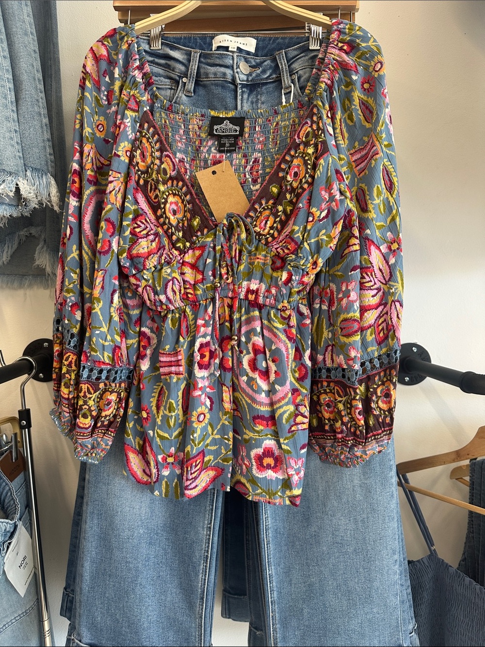 Angie Blue Floral Embroidered Smocked Peasant Top